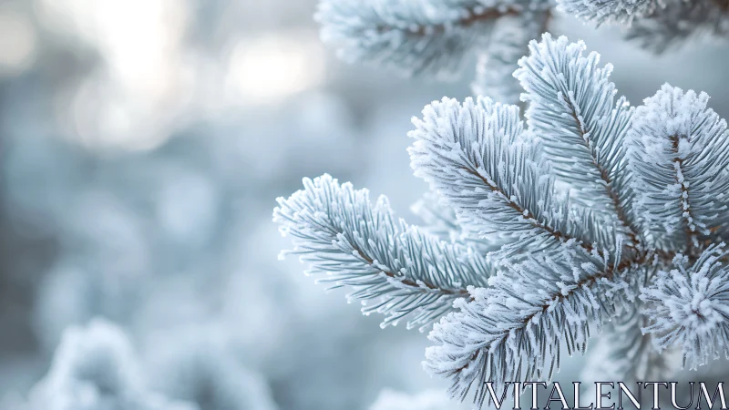 Frost covered evergreen needles extend sharply into soft focus