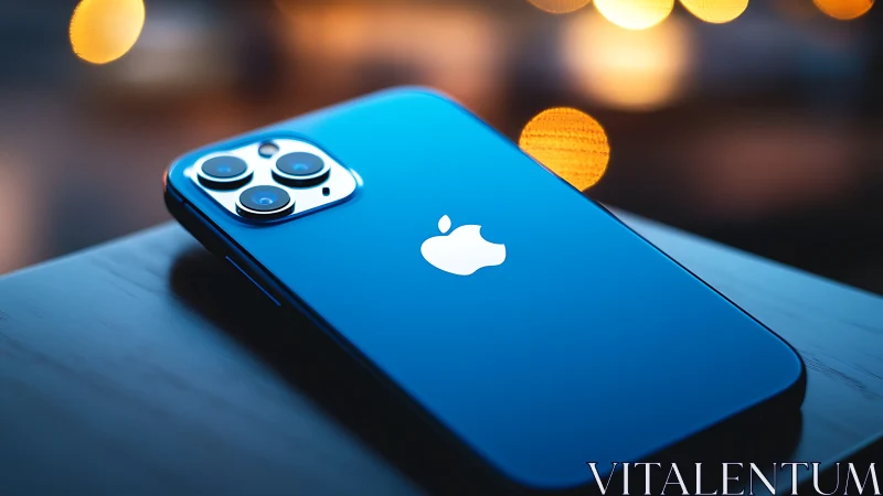 iPhone 12 Pro Blue against glowing bokeh bokeh background.