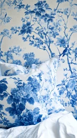 Soft blue floral pillows invite calm against matching wall