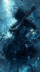 Silhouetted figure plays cello amid abstract aquatic forms