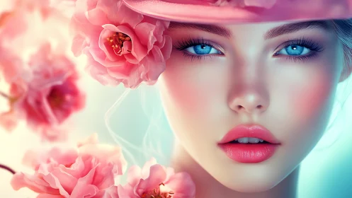 Woman portrait with blue eyes framed by detailed pink roses