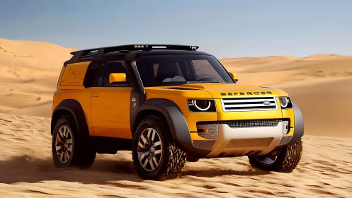 Yellow off-road SUV traversing sandy desert dunes.
