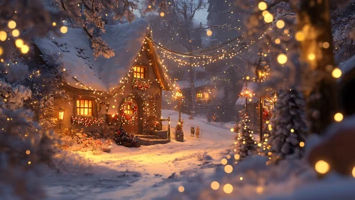 Snowy cottage village with warm Christmas lights at dusk.