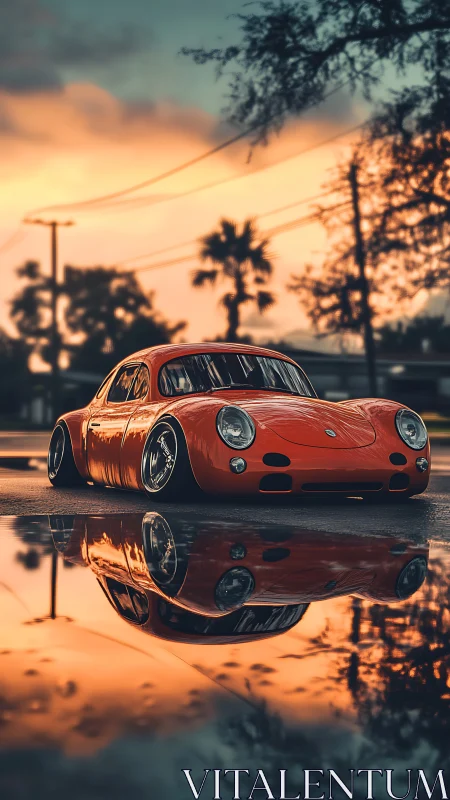 Low-profile orange coupe is reflected in wet pavement