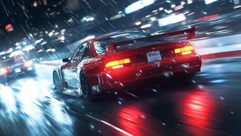Red tuner car drifting through neon rain-soaked city street.