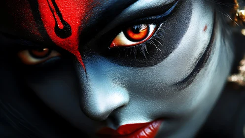 Fierce painted gaze turns midnight skin into burning storm