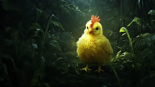 Yellow Chick in Dark Forest Setting with Glowing Particles.