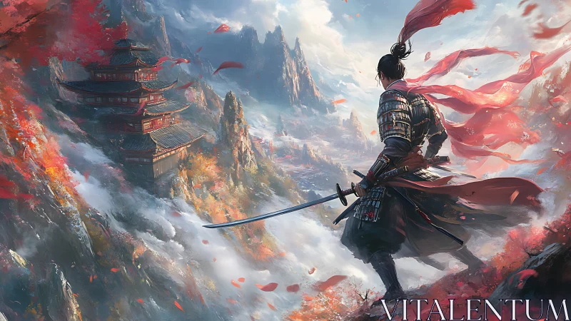 Samurai overlook composition in misted mountain pagoda vista.