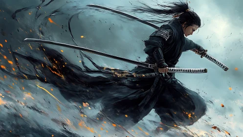 Samurai warrior in stormlit motion with twin katanas drawn.
