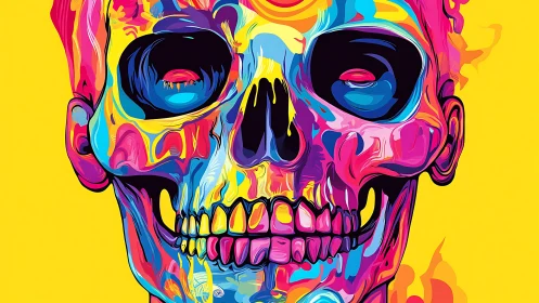 Neon skull portrait pulsing with playful rainbow color energy.