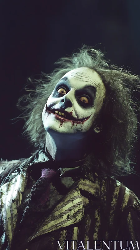 Eccentric clown with eerie grin in tattered striped suit.