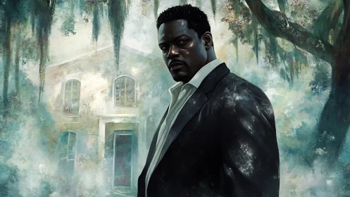 Digital painting portrait in misted Southern gothic setting.