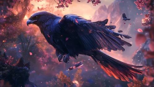 Majestic Raven in Fantasy Forest with Vibrant Pink Lighting.
