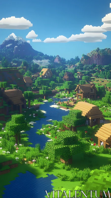 Minecraft Village Landscape with Mountain and River