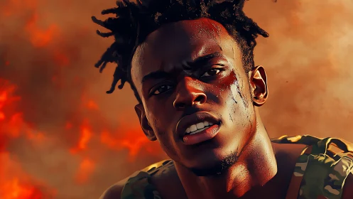 Battle-scarred fighter stares ahead amid blazing inferno.