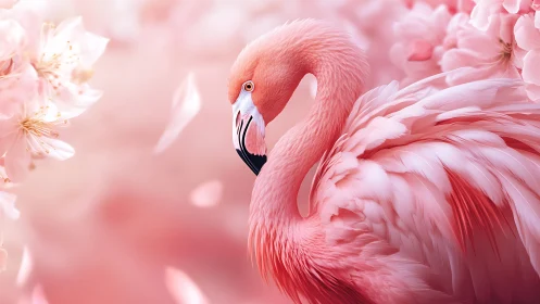 Graceful pink flamingo among soft cherry blossoms.