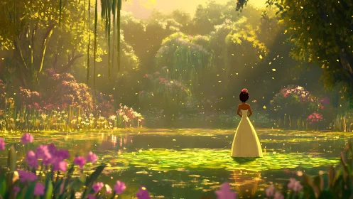 Solitary woman in gown observing sunlit lily pond tableau