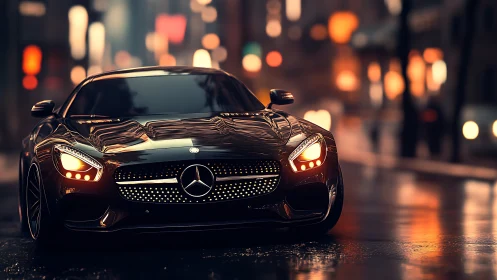 Black sports coupe on wet city street at night.