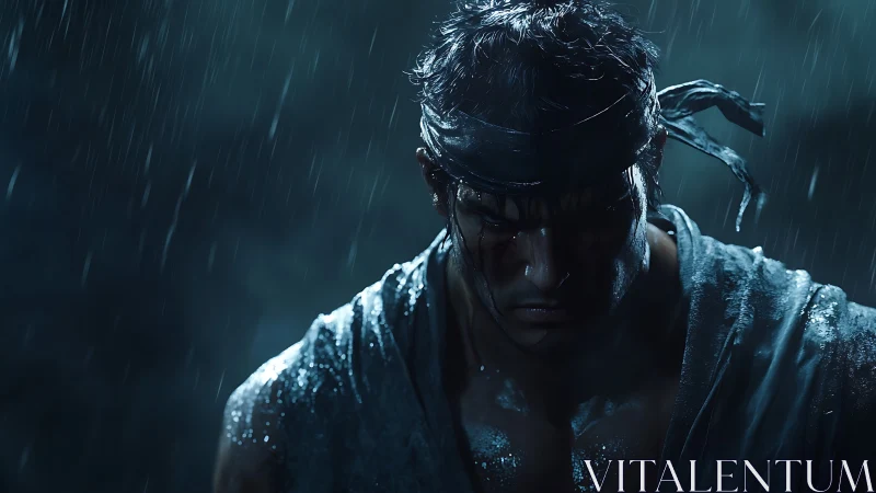 Rain-soaked warrior portrait with cinematic low-key rim lighting