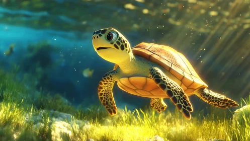 Juvenile sea turtle rendered in luminous stylized 3D realism