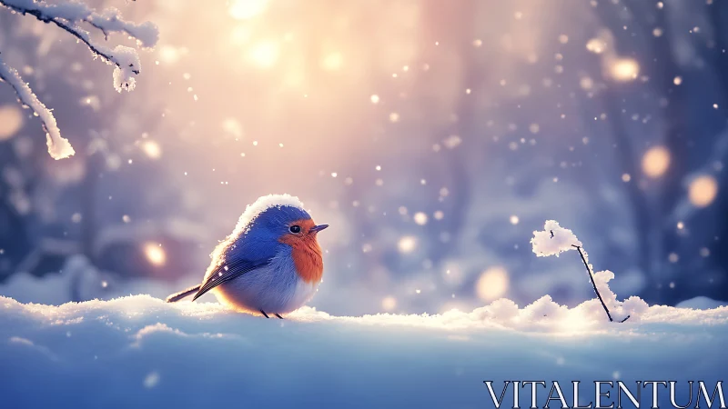 Vibrant robin resting on snowy branch in soft winter sunlight.