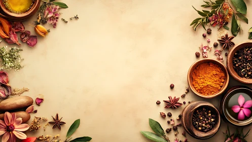 Dried flowers and spices arranged around empty beige surface.