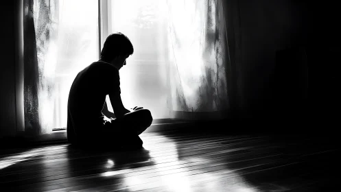 Silhouetted person sitting alone on floor by bright window.