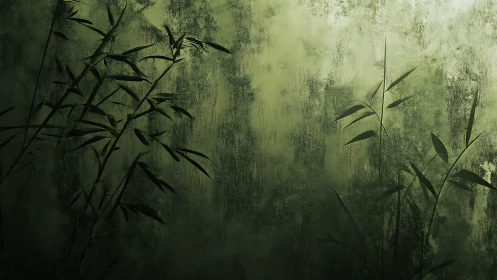 Muted bamboo silhouettes drift across misty green light.