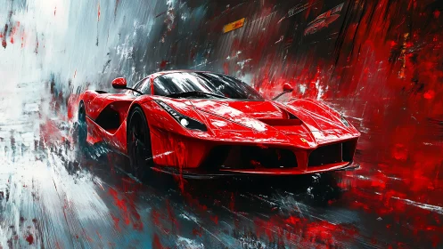 Red hypercar cuts through abstract storm of motion and light