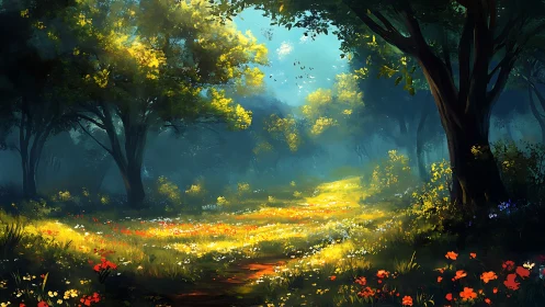 Sunlit Forest Clearing with Golden Wildflowers and Ancient Trees