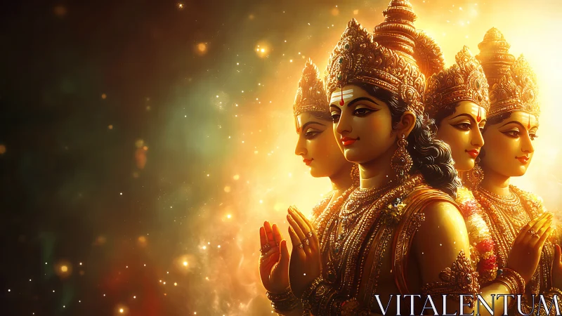 Radiant divine figures in flowing golden cosmic light.