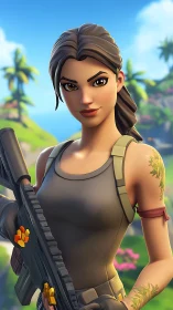 Stylized female soldier holds rifle on bright tropical island