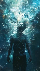 Digital painting of submerged figure in luminous cosmic vortex.