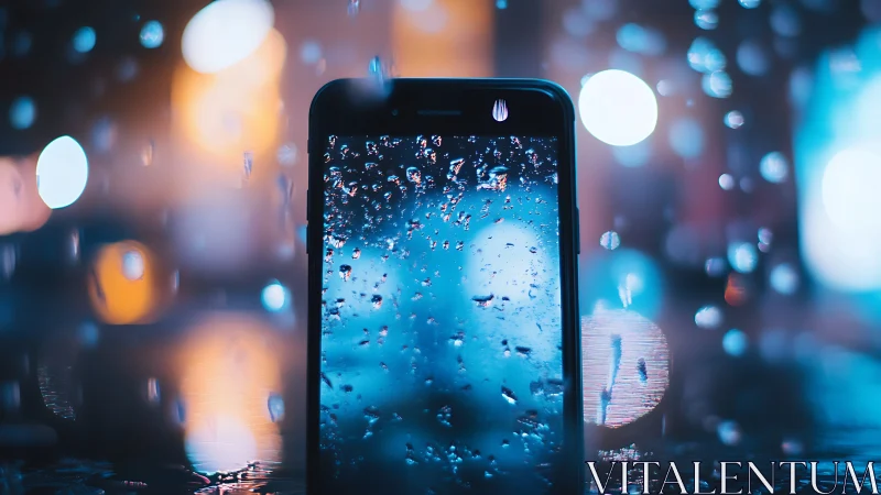 Cozy smartphone glowing through raindrops and city lights.