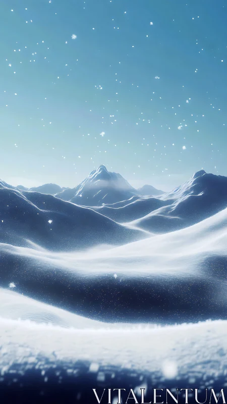 Frozen dunes beneath distant peaks in drifting snowfall.
