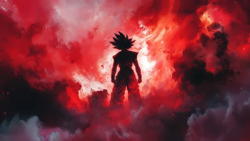 Silhouetted spiky-haired figure within dense red energy cloud.