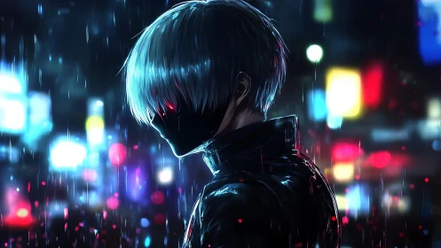 Masked silver‑haired figure in neon rain‑soaked cityscape.