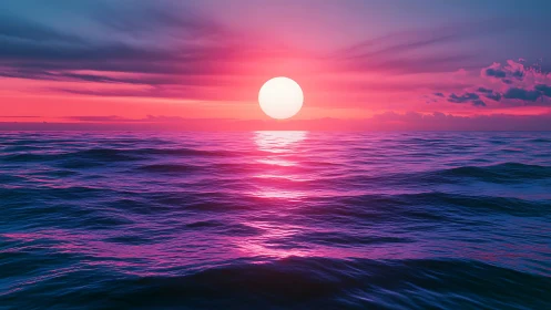 Digital seascape renders stylized sunset over low ocean waves