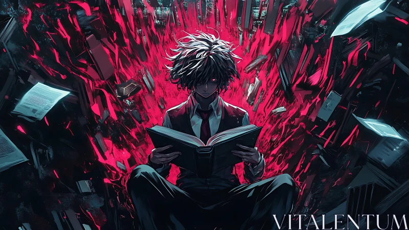 Intense anime reader amid explosive red energy vortex