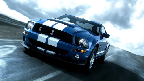 Dynamic blue sports coupe cornering on wet asphalt in motion