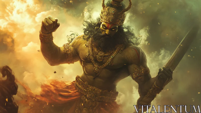 Mythic armored warrior with sword in cinematic battle smoke