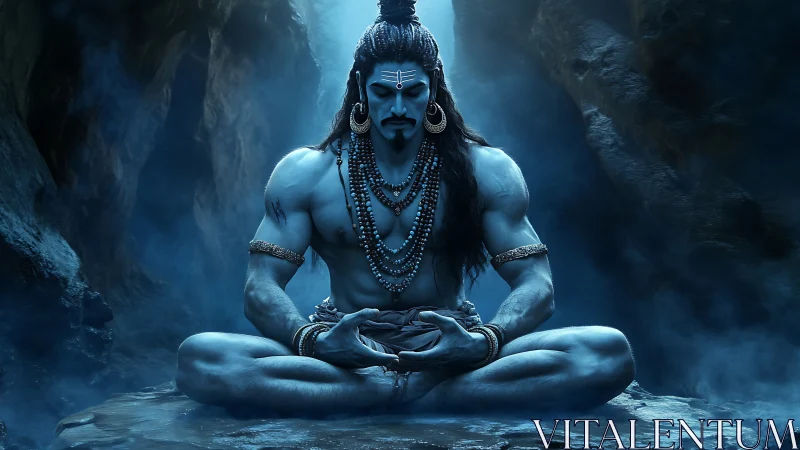 Mythic blue deity in meditative pose within misted cavern.