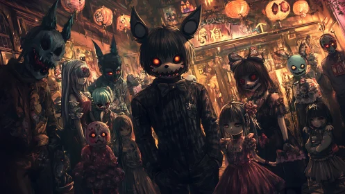 Spooky masked friends gather under lanterns in warm glow.