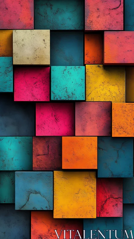 Layered chromatic blocks with textured concrete surfaces.