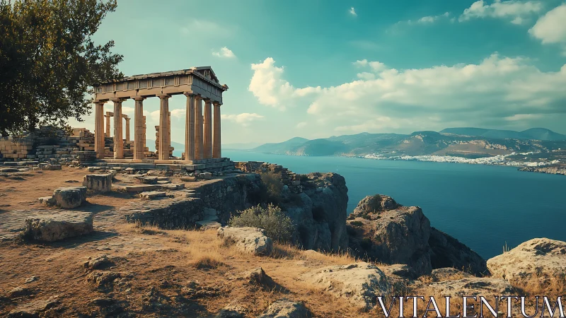 Sunlit ancient cliffside temple overlooks calm Mediterranean sea
