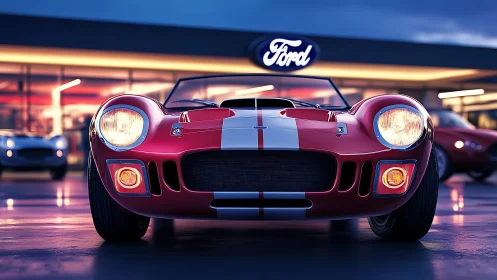 Low-slung red Ford racer under neon dealership glow.