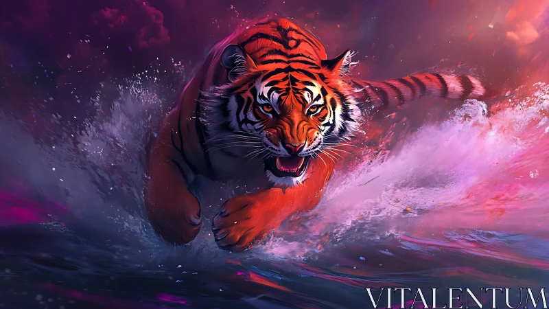 Ferocious tiger charges through neon-tinted water at dusk
