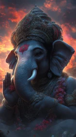 Majestic elephant deity in ornate crown at fiery dusk.
