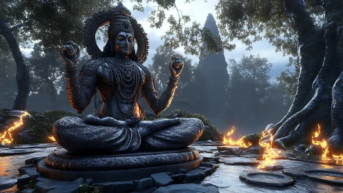 Ember-ringed deity statue meditates in misty jungle grove.