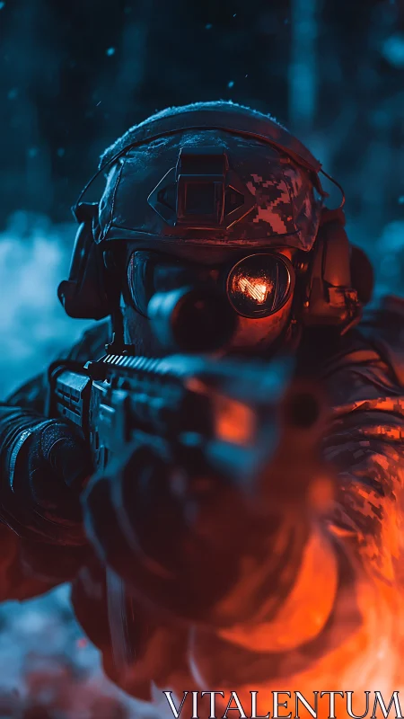 Intense soldier close up in blue orange tactical lighting.